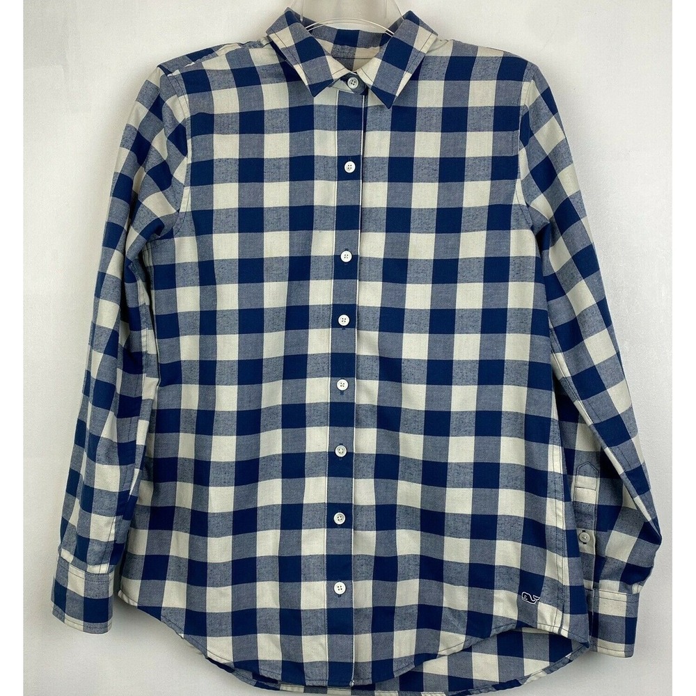 Vineyard Vines Top Women 2 Plaid Button Up Flannel Blue White Relaxed Fit Preppy